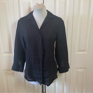 Black Linen Button Down Blouse Shirt Top by Lauren Ralph Lauren sz Medium Petite